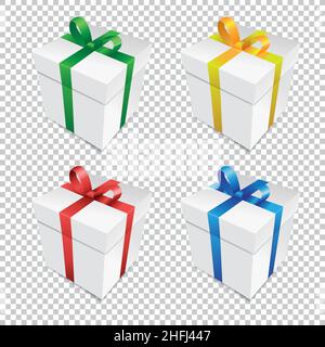 Gift box set with ribbons red, blue, green, gold isolated on checked transparent background. Vector illustration. Eps 10 vector file. Stock Vector