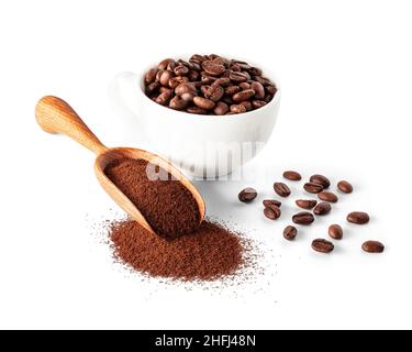 Coffee powder and beans with wooden scoop and bowl isolated on white background Stock Photo