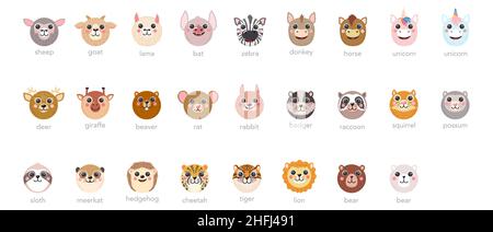 Round Animals heads Set Cute portraits with text names cartoon illustration flat vector unicorn, lama, bear, tiger, rabbit, donkey, sheep isolated on white background for UI, app, mobile, kids poster Stock Vector