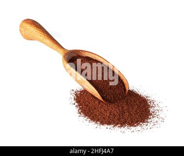 Coffee powder in wooden scoop isolated on white background Stock Photo