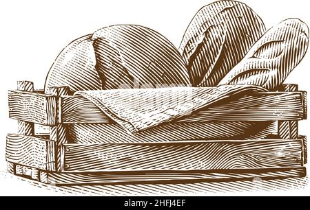 bread composition in basket Hand drawing sketch engraving illustration style Stock Vector