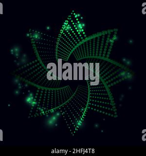 Abstract spiral eight pointed star shape made of halftone dots, green color glittering sparks, vector illustration on dark background Stock Vector