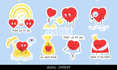 Romantic stickers with red happy hearts. Vector sticker sheet for Valentines day with cute heart characters. Love and friendship. Perfect match Stock Vector