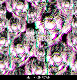 Skull glitch pattern seamless. Hand drawing skeleton head background. death texture Stock Vector