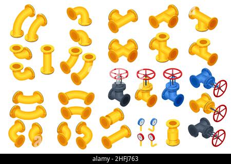 Isometric Valves and Piping, Communications, Stop Valves, Appliances. Gas industry, gas transport system. Construction Pieces pipes, fittings, gate Stock Vector