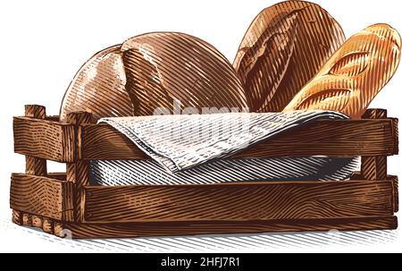 colorful bread composition in basket Hand drawing sketch engraving illustration style Stock Vector