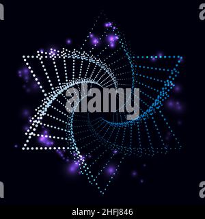 Abstract spiral six pointed star shape made of halftone dots, white blue color glittering sparks, vector illustration on dark background Stock Vector