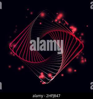 Abstract spiral square shape made of halftone dots, pink red color glittering sparks, vector illustration on dark background Stock Vector