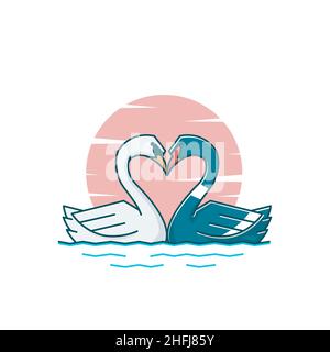 Love Heart Swan Goose Couple Duck Swimming Vector Cartoon Stock Vector