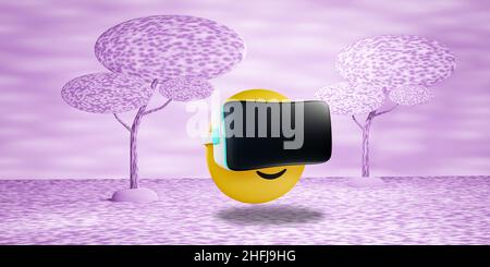 Emoji wearing virtual reality headset, in metaverse background, concept 3D illustration Stock Photo