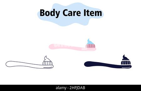 A simple toothbrush with toothpaste on the bristles. Oral and dental care. Self-care. In color, solid and linear style. Vector illustration. Stock Vector
