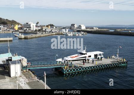 Minamichita, Aichi, Japan, 2022/15/01 , Ferry at Morozaki ferry terminal that connect the islands of Himaka and Shino islands in  Chita Peninsula (Chi Stock Photo
