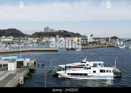 Minamichita, Aichi, Japan, 2022/15/01 , Ferry at Morozaki ferry terminal that connect the islands of Himaka and Shino islands in  Chita Peninsula (Chi Stock Photo