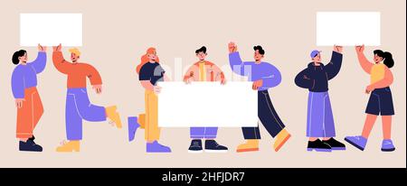 People with placards and banners protest on rally demonstration or strike. Characters holding empty signs fighting for their rights, activists crowd picketing on riot Line art flat vector illustration Stock Vector