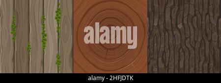 Wooden textures of cut tree trunk, bark and boards. Vector cartoon set of patterns with planks surface with green grass leaves, wood stump with rings and rough tree cortex Stock Vector