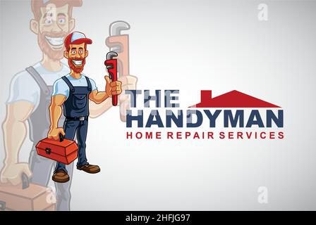 Handyman Repairman Logo Hipster Bearded Man Cartoon Character Design Vector Stock Vector