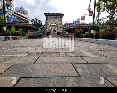 The suspension bridge or hanging bridge in Punalar is perhaps the only one in Kerala and was built by Albert Henry, a Scottish Engineer in 1877 Stock Photo