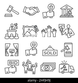 Auction line icons set on white background Stock Vector