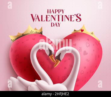 King and queen swan characters vector background design. Happy valentine's day greeting card for hearts day celebration. Vector illustration. Stock Vector