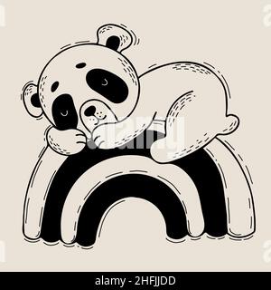Cute panda sleeps sweetly on rainbow. Vector illustration. Character Cute animal. Linear hand drawing doodles for kids collection and postcards Stock Vector