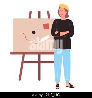 Professional pensive painter near his working board. Creative and vivid imagination for drawing portraits flat vector illustration Stock Vector