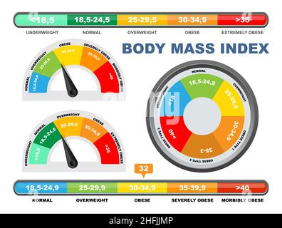 BMI chart, scale, vector illustration. Body mass index meter, weight control measurement tool. Stock Vector