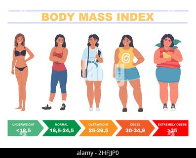 BMI for women. Body mass index chart based on height and weight, flat vector illustration. Stock Vector