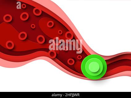 Cholesterol in blood, vector paper cut illustration. High cholesterol, health risk for heart disease and stroke. Stock Vector