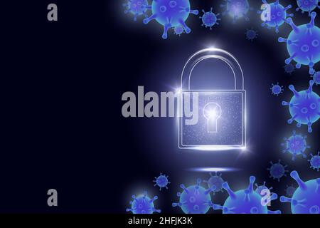 Lock and viruses, glowing neon lights, vector illustration. Security, protection. Coronavirus lockdown poster. Stock Vector