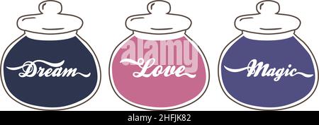 typographic words: dream, love, magic in old fashion apothecary jars Stock Vector