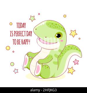 Cute little dino is having fun. Today is perfect day to be happy. Banner with affirmation for kids playroom. Motivational quote for greeting card, inv Stock Vector