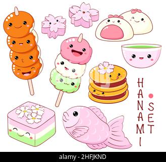 Set of cute hanami season dessert icon in kawaii style with smiling face and pink cheeks. Japanese traditional cuisine dishes. Taiyaki, hanami dango, Stock Vector