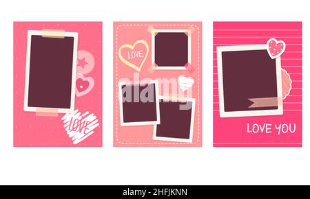 Set of Valentine vintage backgrounds with retro photos, sticker and labels. Mock up template. Copy space for text. Collection of Valentine's day card Stock Vector
