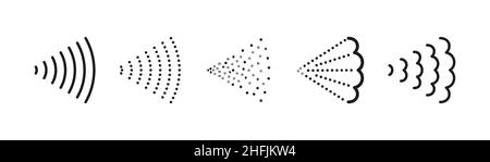 Spray steam icons for water, perfume, paint or deodorant. Scatter gas or aerosol haze. Spray symbols. Steam nozzle flows. Set of vector illustrations Stock Vector