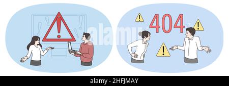 Technical problem and page not found concept. Set of business people having technical problems in computers and feeling frustrated with error on page vector illustration  Stock Vector