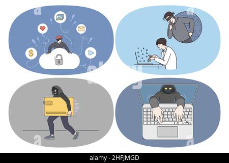 Online crime and robbery concept. Set of criminals thieves hackers in mask breaking laptops finding passwords and committing crimes online in internet vector illustration  Stock Vector