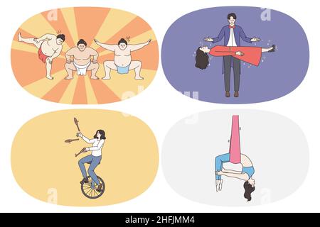 Circus entertainment and workers concept. Set of young people sumo fighters magician with flying woman juggler on wheel and flying gymnast during show vector illustration  Stock Vector