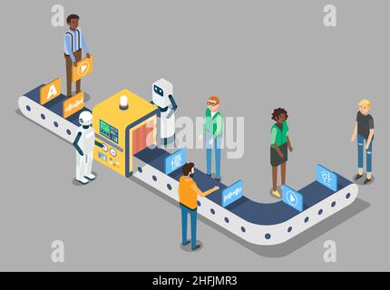 Ai machine translation process from one foreign language to another, vector isometric illustration. Online translator. Stock Vector