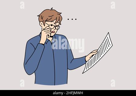 Feeling shocked during work concept. Young frustrated surprised businessman worker standing reading official document or report vector illustration  Stock Vector