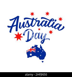 Australia Day lettering and Australian map with flag. Map of Australia with the decoration of the national flag and greeting text. Vector illustration Stock Vector