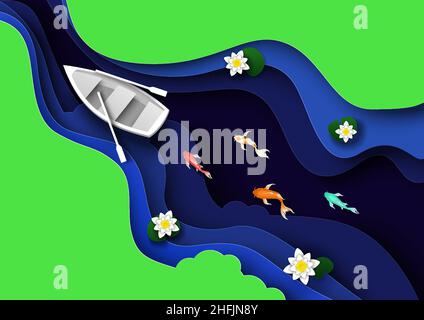 Layered paper cut river with boat, lotus flowers and koi carp fish swimming in the water, vector illustration. Stock Vector