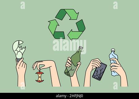 Recycling and ecological conversation concept. Human hands holding various trash lamp apple bottle electronics for recycling with symbol above vector illustration  Stock Vector