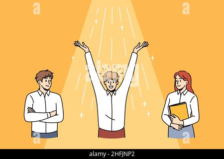 Business success and enlightenment concept. Group of three business people colleagues standing with golden light with stars going from above meaning success and development vector illustration Stock Vector