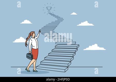 Business success and development concept. Young positive business woman with case standing looking at ladder with main trophy prize on top feeling confident vector illustration  Stock Vector