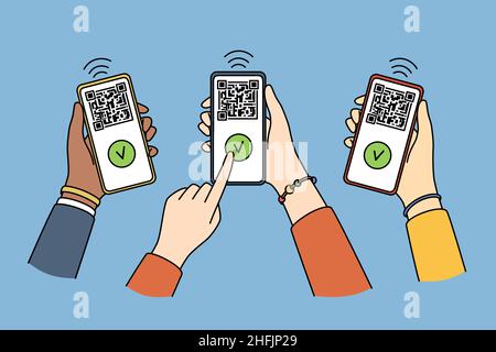 Scanning qr codes and technologies concept. Top view of human hands holding smartphones and scanning qr codes on screens vector illustration  Stock Vector