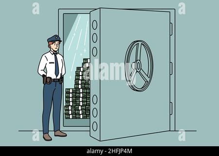 Security in bank system concept. Young woman security staff worker in uniform standing and controlling bank safe with huge money stacks vector illustration  Stock Vector