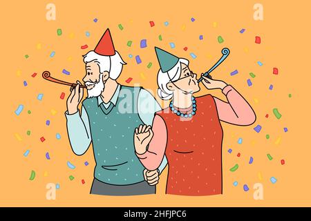 Elderly couple celebrating holiday concept. Smiling cheerful mature couple woman and man in festive clothes and accessories standing and having party celebrating birthday holiday vector illustration Stock Vector