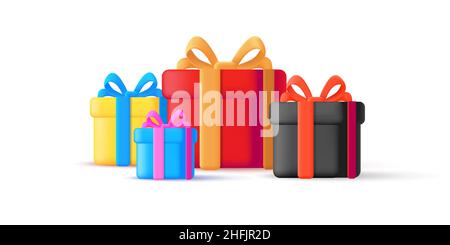 3d illustration element, gift boxes pile with ribbons and bows in different color, cartoon render style graphic, isolated Stock Vector