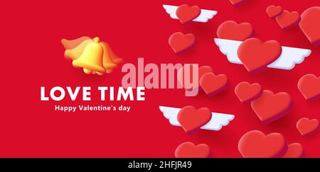 Love time digital banner or poster with 3d isometric hearts with wings pattern and bell ringing on red background Stock Vector