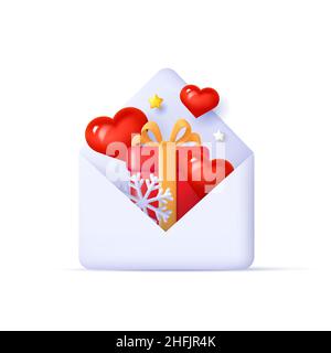 3d render illustration od an open envelope with love red hearts and gift box with snowflake inside it, isolated digital icon Stock Vector